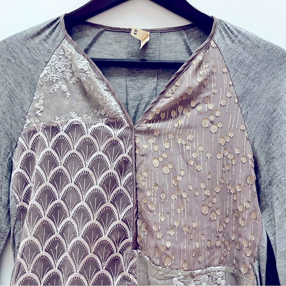Anthropologie Tiny Mixed Media Patchwork Gray Top… - image 7